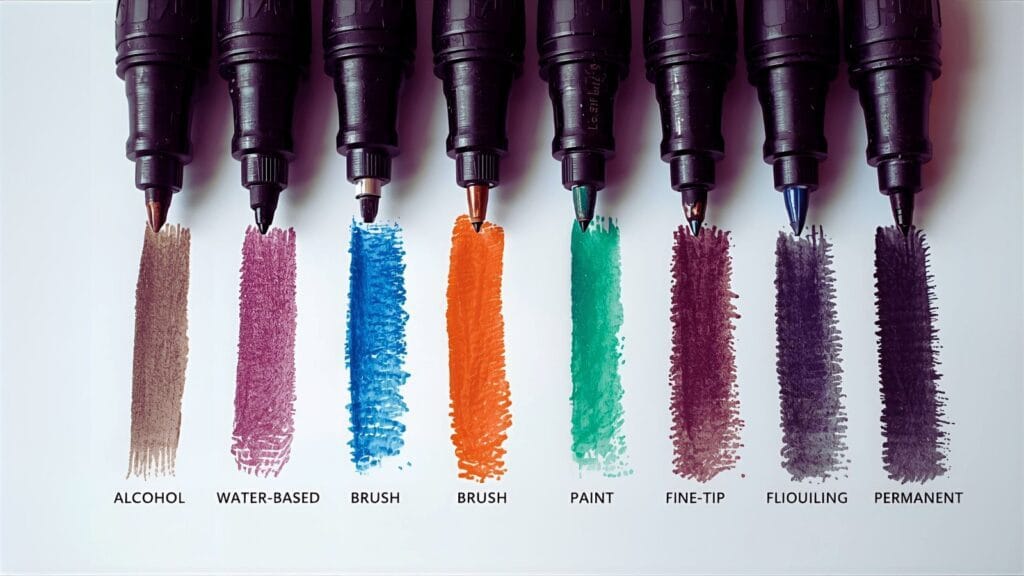 Different types of markers for coloring, including alcohol, brush, and fine-tip