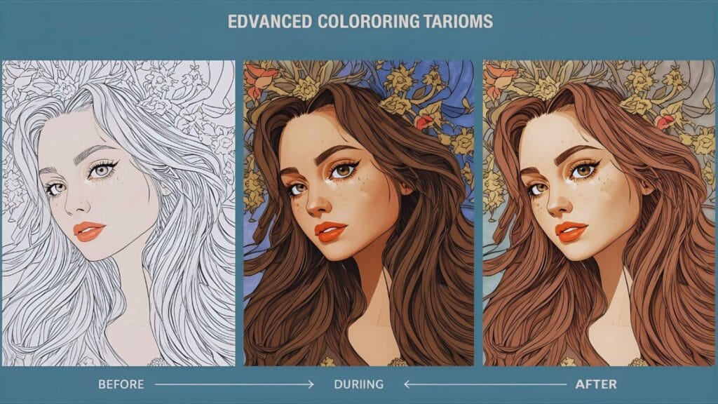 Step-by-step demonstration of advanced coloring techniques showing blending, shading, and texture creation on detailed coloring pages.