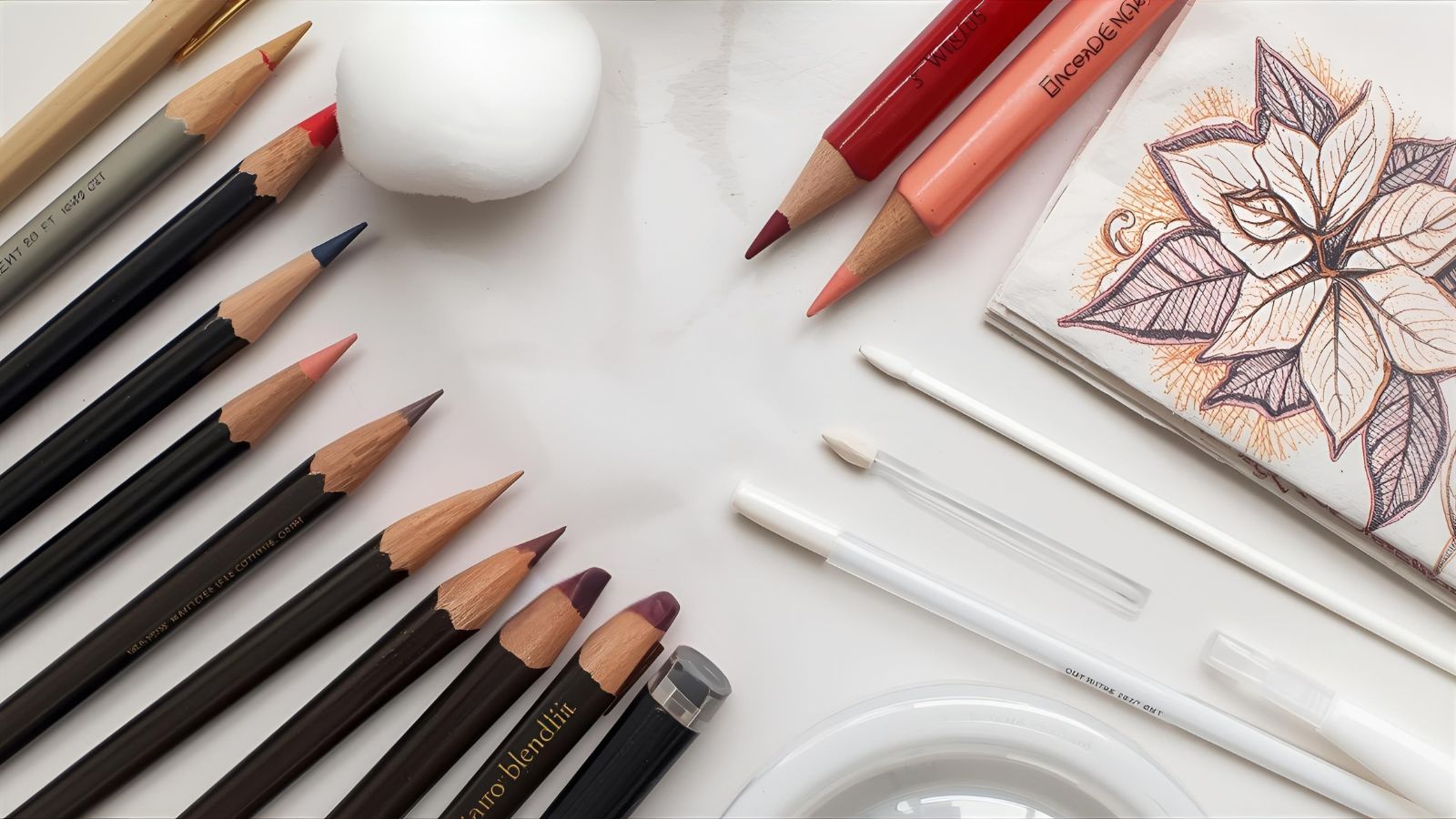 Essential blending tools for autumn leaves coloring including blender pencils and cotton swabs