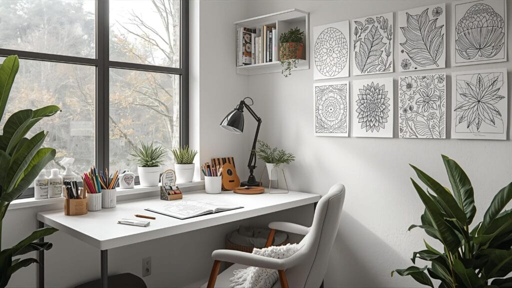 Free Coloring Printables. Well-organized coloring workspace with good lighting, comfortable seating, and organized supplies creating an inviting creative environment