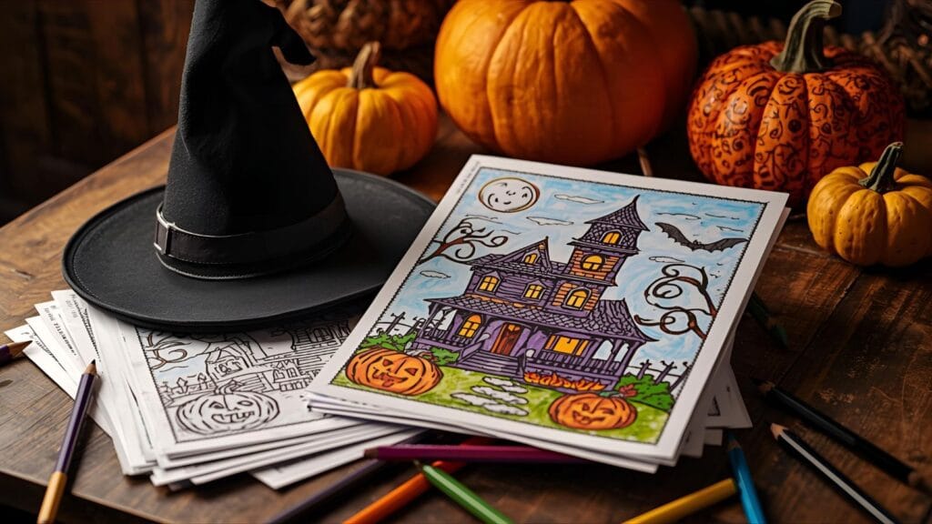 Printable Halloween coloring pages bundle on a desk