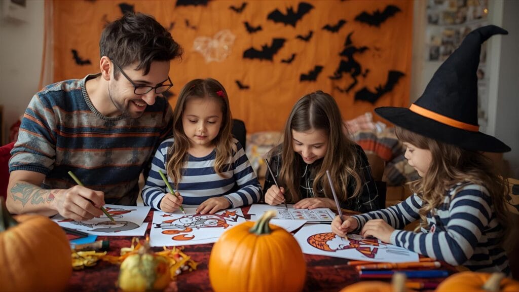 Family activities. Family coloring together with Halloween-themed designs