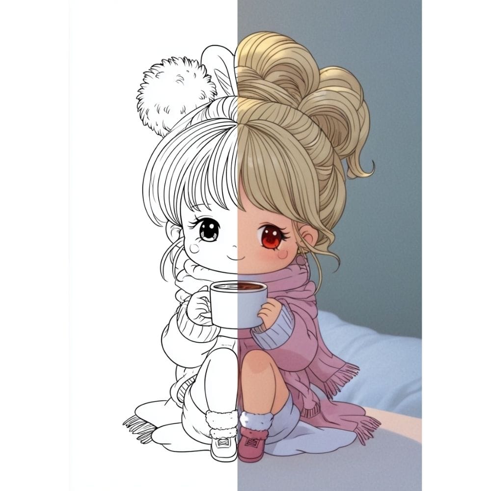 before and after Winter Kawaii Coloring Pages