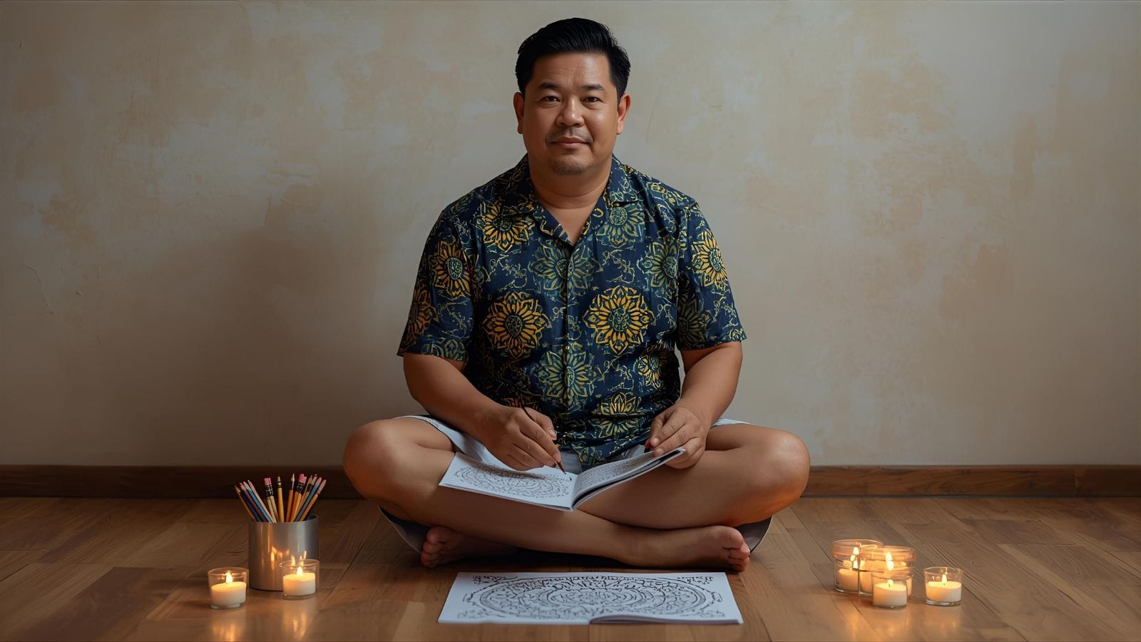 Peaceful adult practicing mindfulness with coloring pages