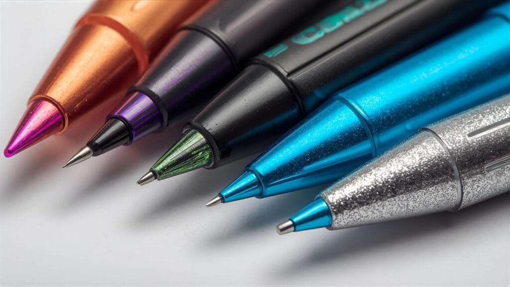 Various coloring pens, including gel, fine-liners, brush, and glitter