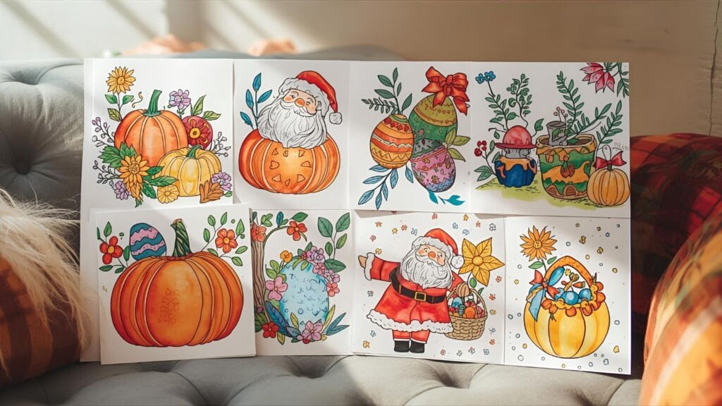 Seasonal coloring collage with Halloween, Christmas, and Easter pages