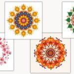 Beautiful array of mandala coloring pages from simple to complex designs, some completed in various color schemes, others blank and ready to color
