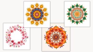 Beautiful array of mandala coloring pages from simple to complex designs, some completed in various color schemes, others blank and ready to color