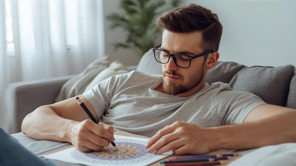 Coloring Reduces Stress. Man enjoying stress relief with adult coloring