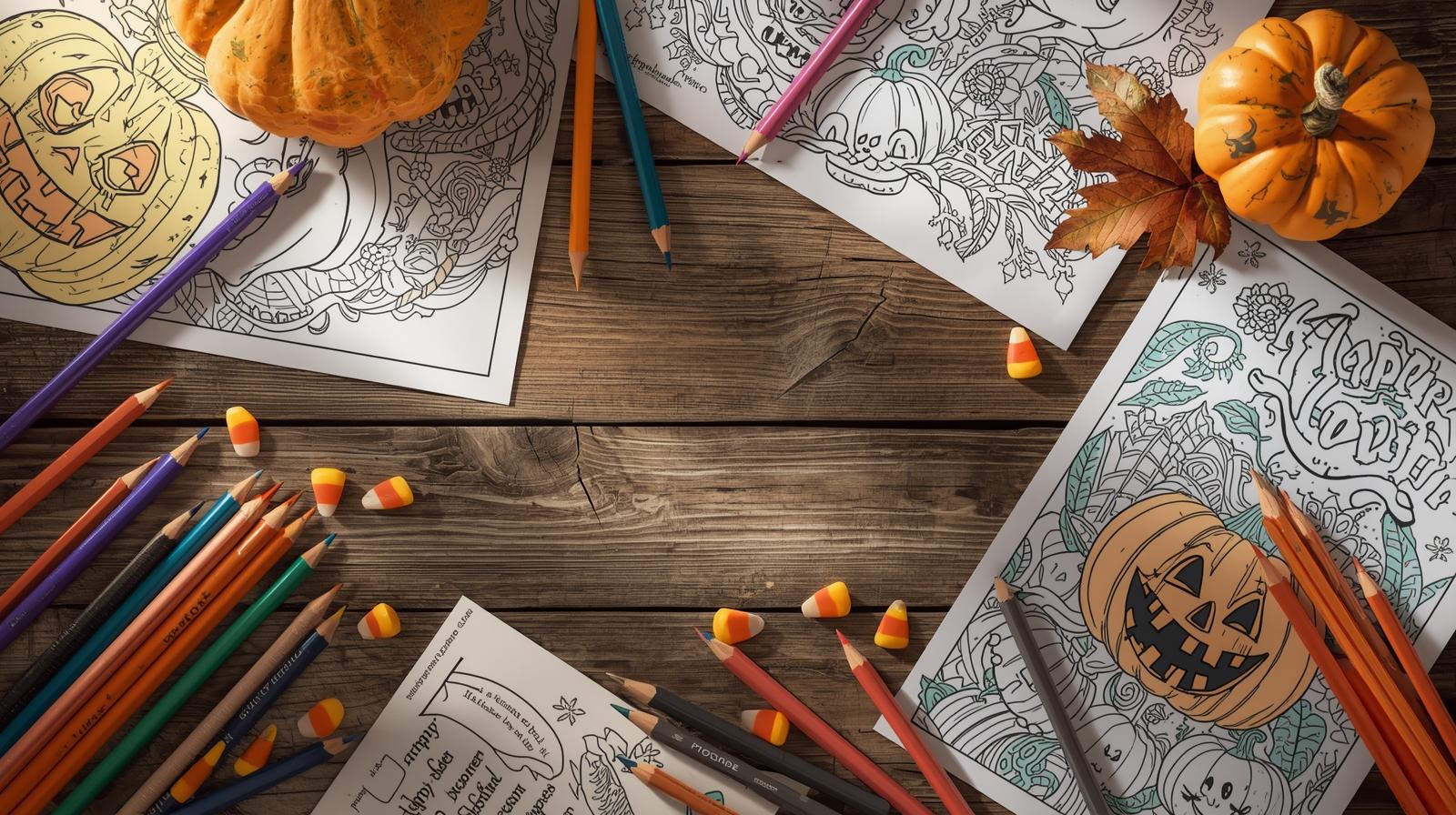 Printable Halloween coloring pages and crayons for kids' party activities.