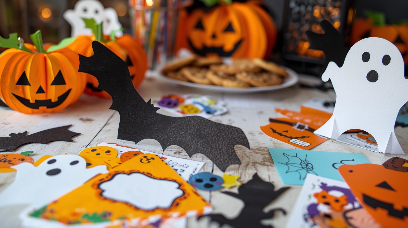 Last-minute Halloween ideas using printable coloring crafts as table decorations.