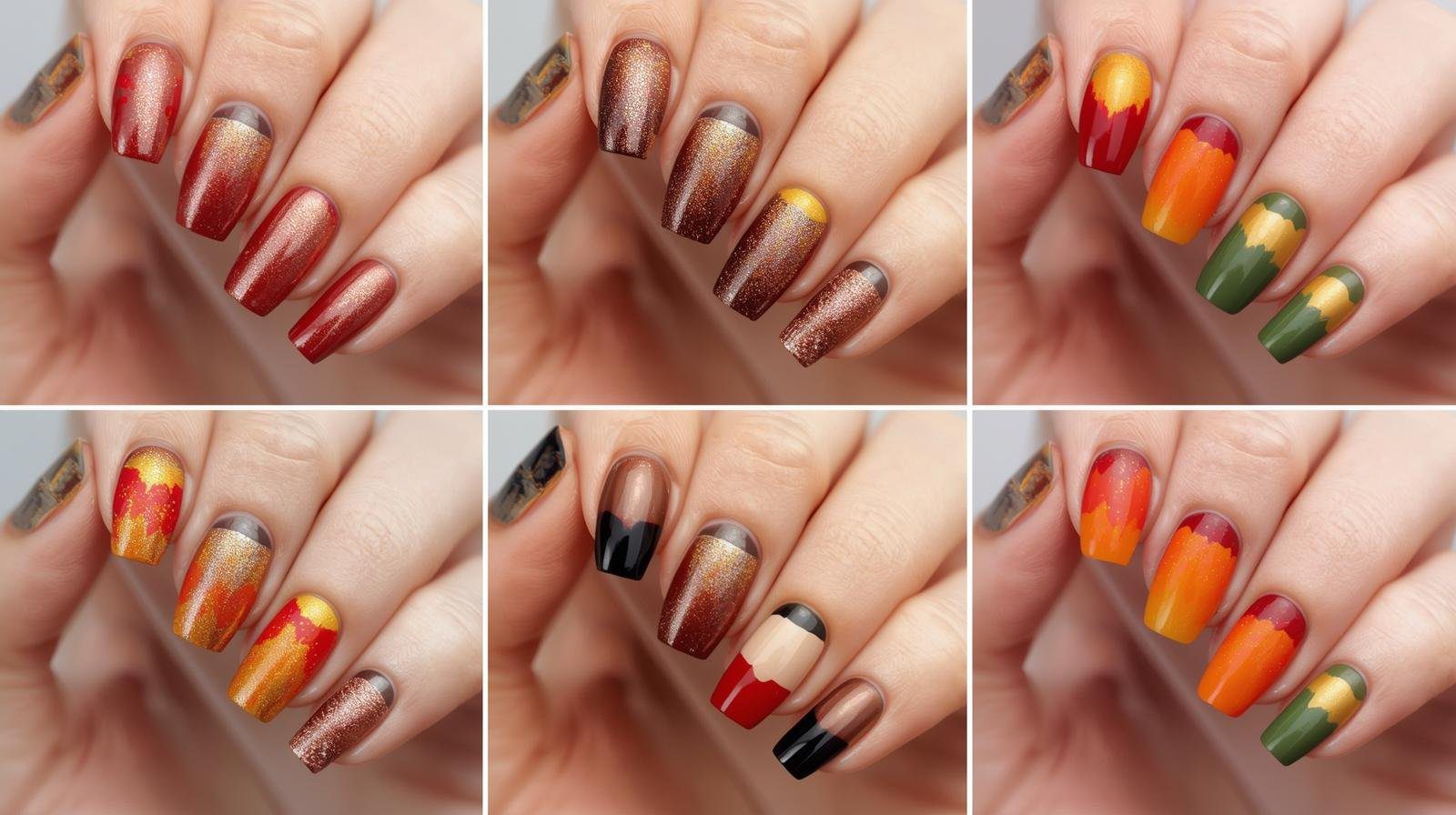 Collection of six professional nail designs, each featuring different autumn color palettes with various techniques, including ombre, metallic accents, and color blocking