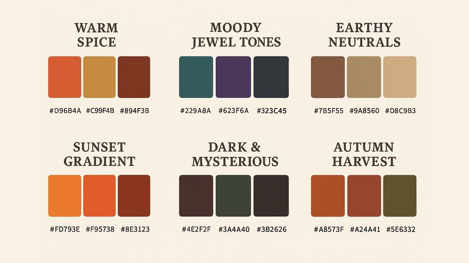Detailed view of six autumn color palettes with hex codes and color names for each palette