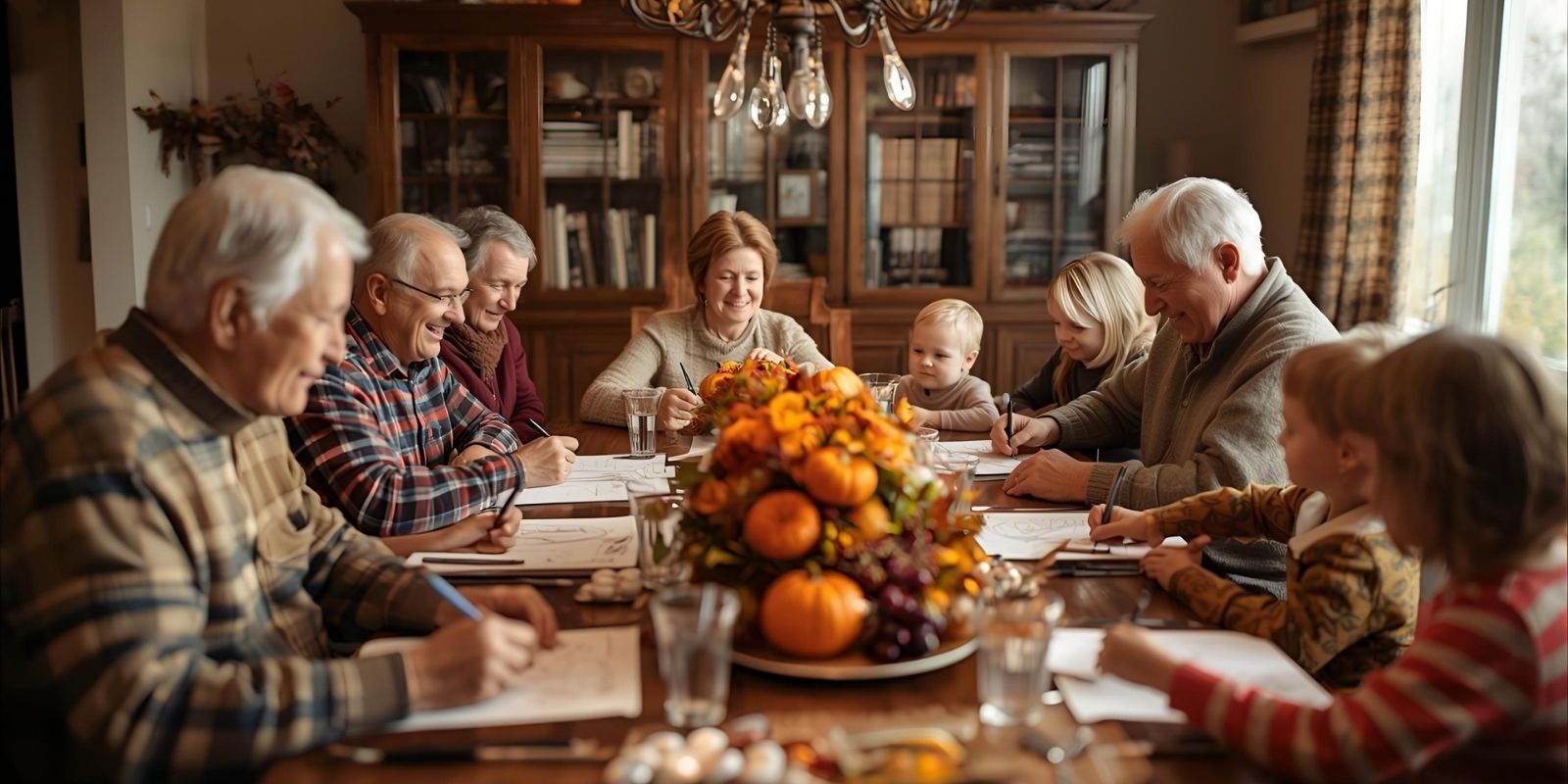 Multi-generational family enjoying Thanksgiving coloring page games around the dining table