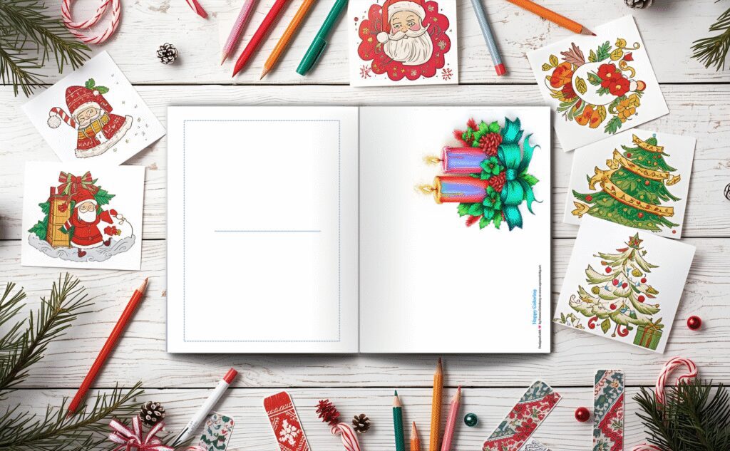 Preview of free printable Winter Greeting Card 2025 – black-and-white line art with intricate snowflake mandala, “Warm Wishes” hand-lettered text, cozy mittens and cocoa mug, surrounded by swirling ornamental borders, ready to color and fold, 300 DPI print-ready PDF