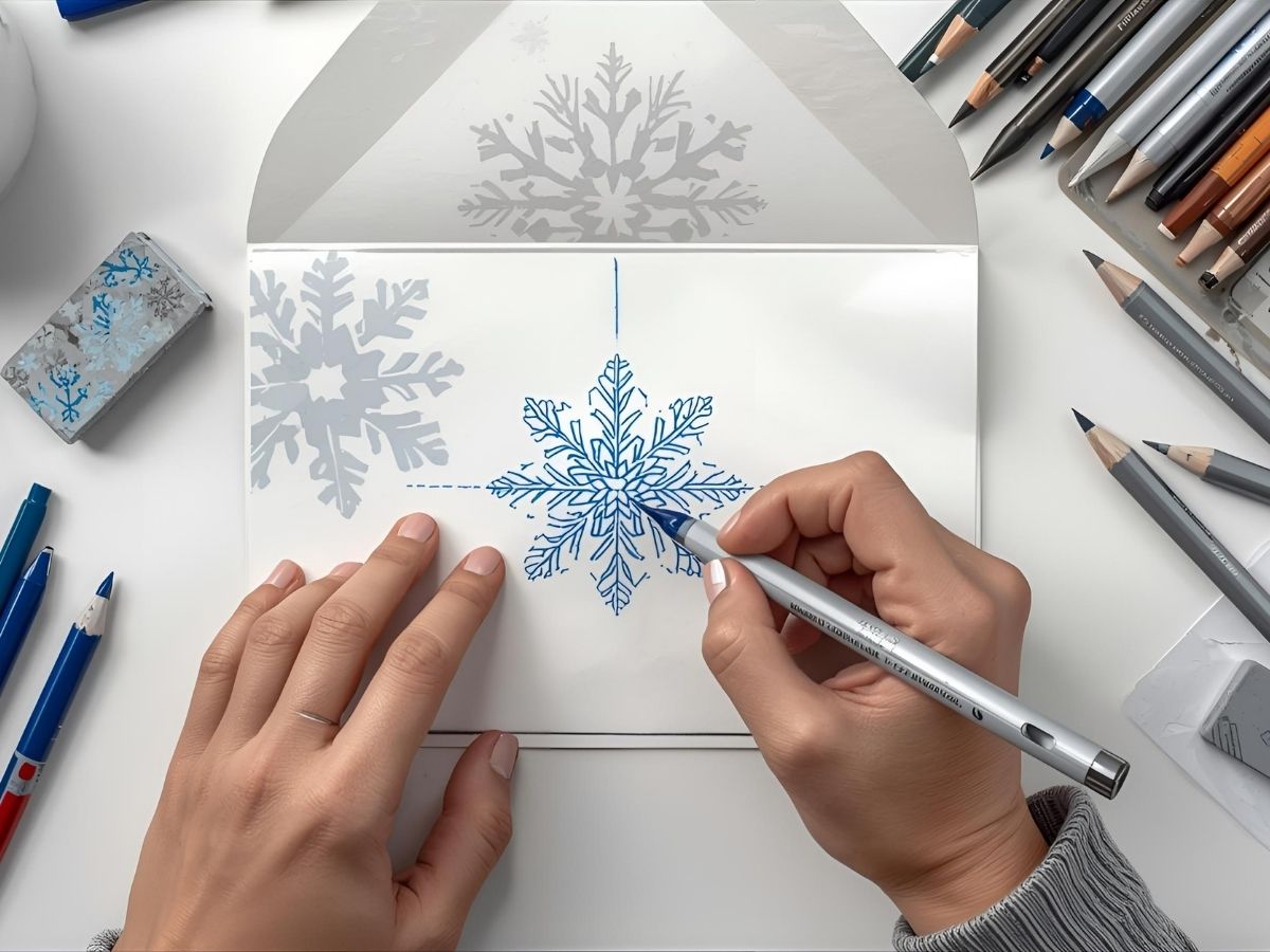 Person coloring a snowflake design on a greeting card with markers.