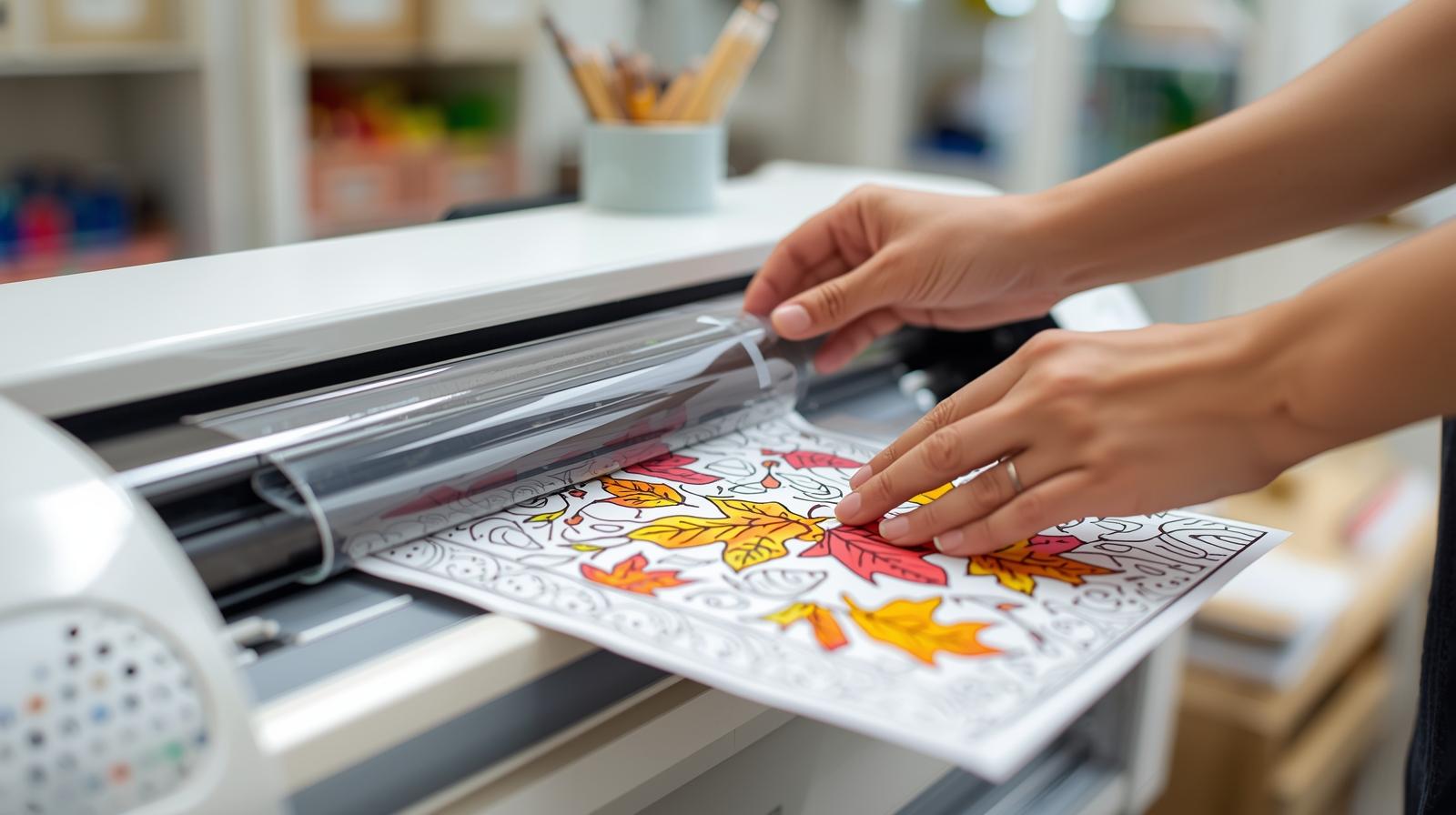 Hands using a laminating machine to seal a finished coloring page with autumn leaf design, close-up view showing the placemat entering the laminator, bright craft room setting