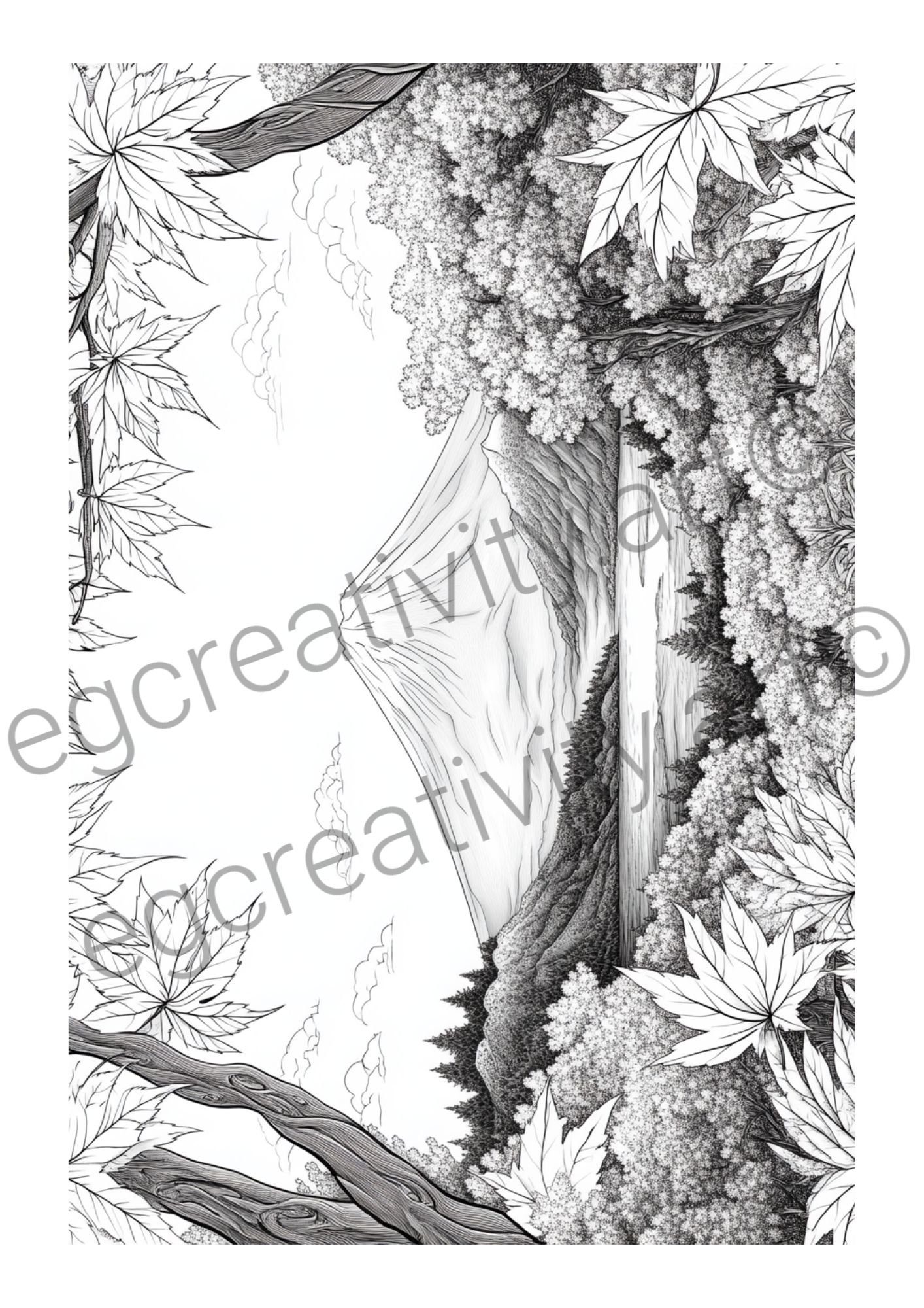 nature scenery landscape coloring pages PDF mindfulness adults teens