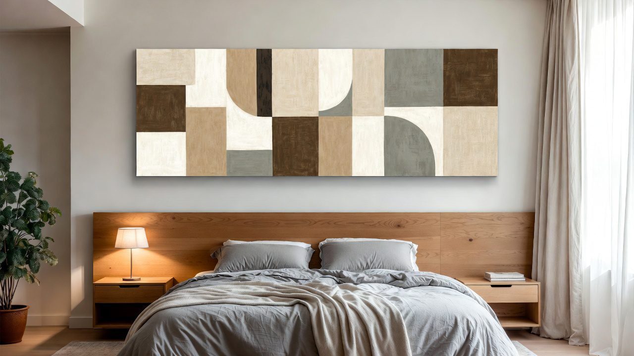 Contemporary bedroom interior with neo decor art above bed and coordinated styling elements