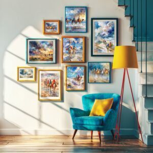 Gallery wall of camel caravan wall art oil paint prints in colorful frames above a teal armchair — boho wall art digital download collection displayed in living room. camel caravan wall art printable