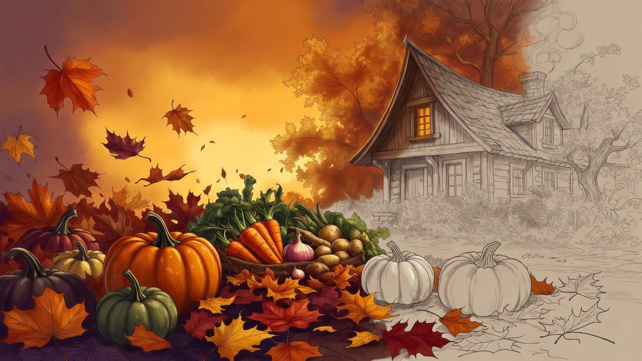 A cozy autumn scene with pumpkins, fallen leaves, harvest vegetables, and a warm cottage in the background, partially colored in rich oranges, deep reds, and golden yellows. Holidays around the world coloring