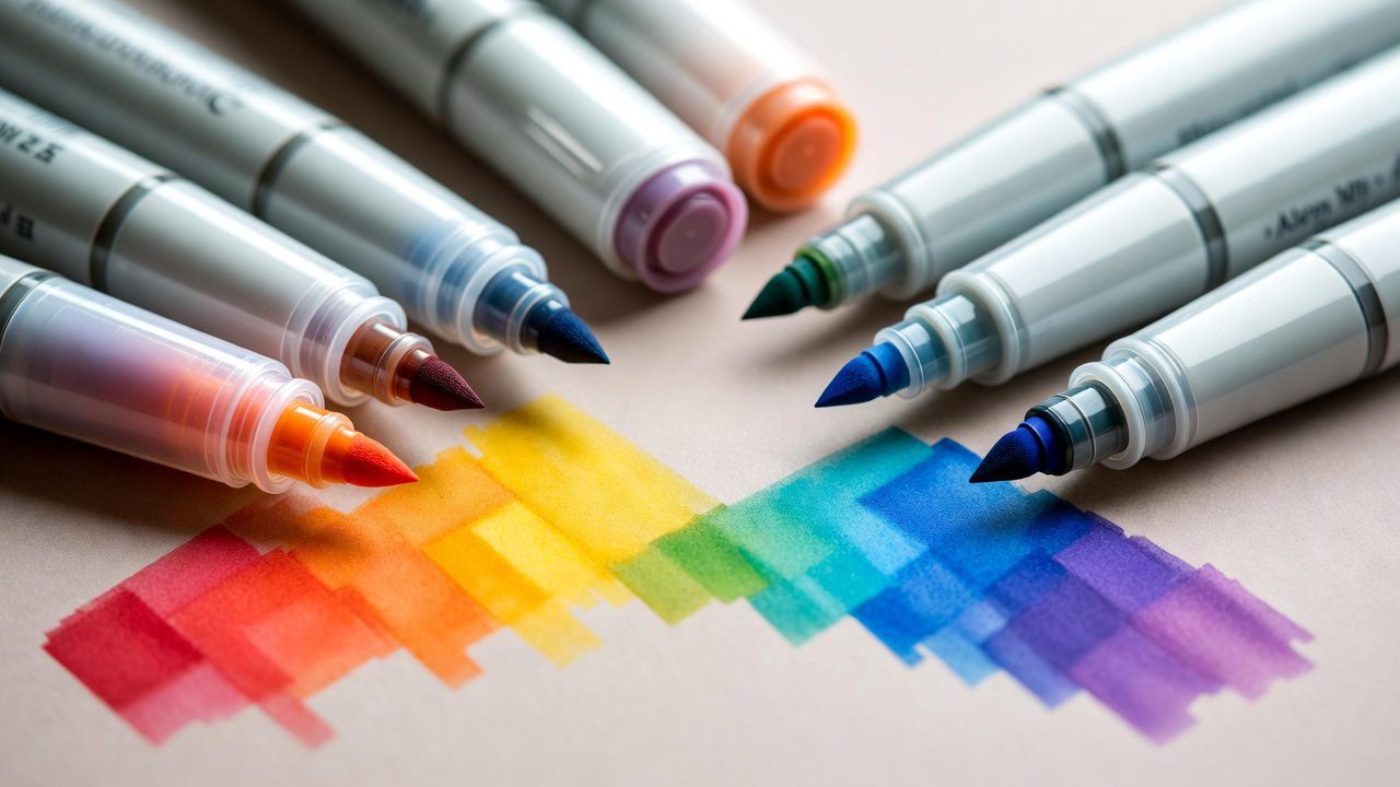 Alcohol-based markers and water-based markers displayed with color swatches demonstrating blending capabilities for adult coloring tools comparison of best coloring supplies