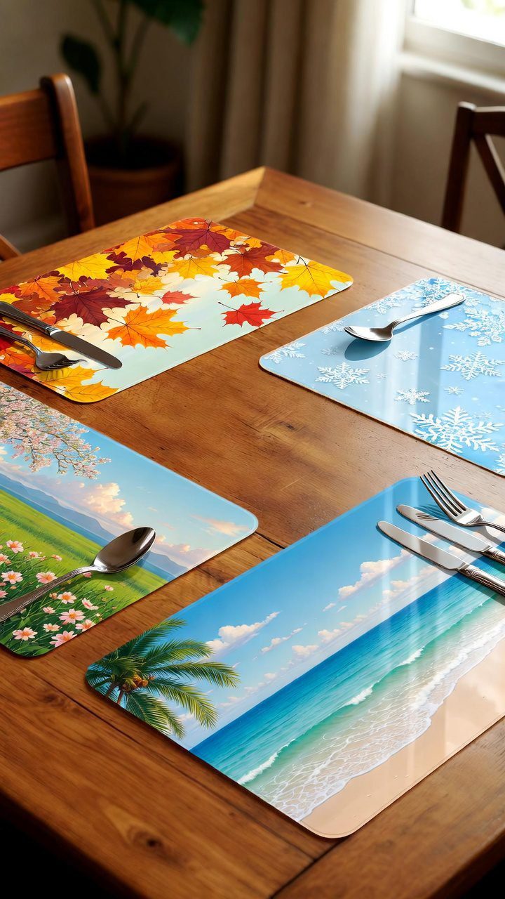 Beautiful table setting with four different seasonal laminated placemats - fall leaves, winter snowflakes, spring flowers, and summer beach themes - arranged on wooden dining table with plates and cutlery, magazine-quality styling