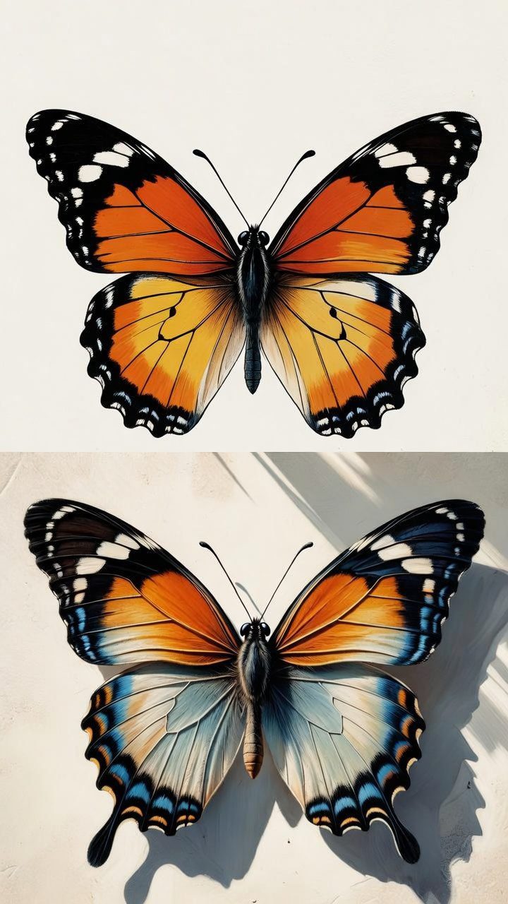 Comparison showing flat colored butterfly versus butterfly with shading and texture techniques applied