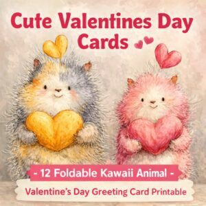Cute Valentines Day Cards – 12 Foldable Kawaii Animal Valentine’s Day Greeting Card Printable