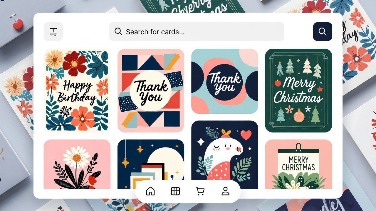 Digital printable greeting cards and wall art displayed on a modern, creative marketplace interface. printable digital art