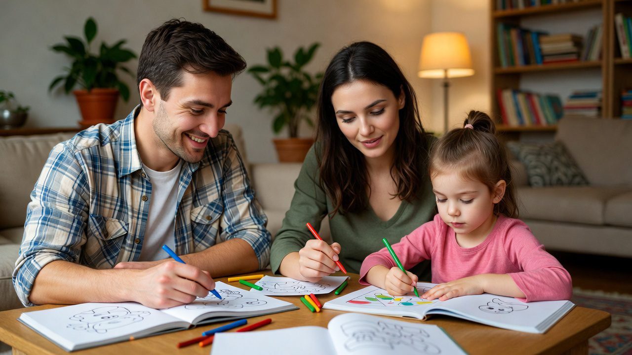 Family enjoying coloring activity together at home