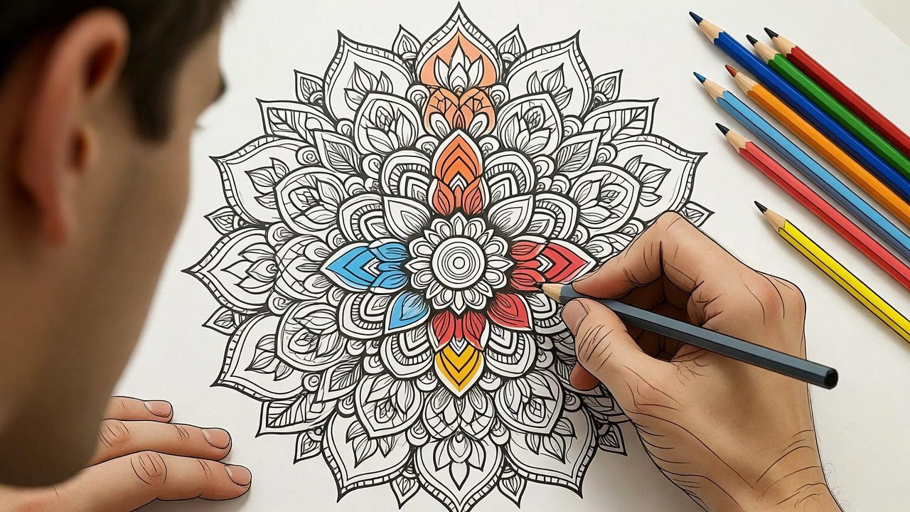 EG CREATIVITY ART - Adult coloring mandala pattern with colored pencils nearby