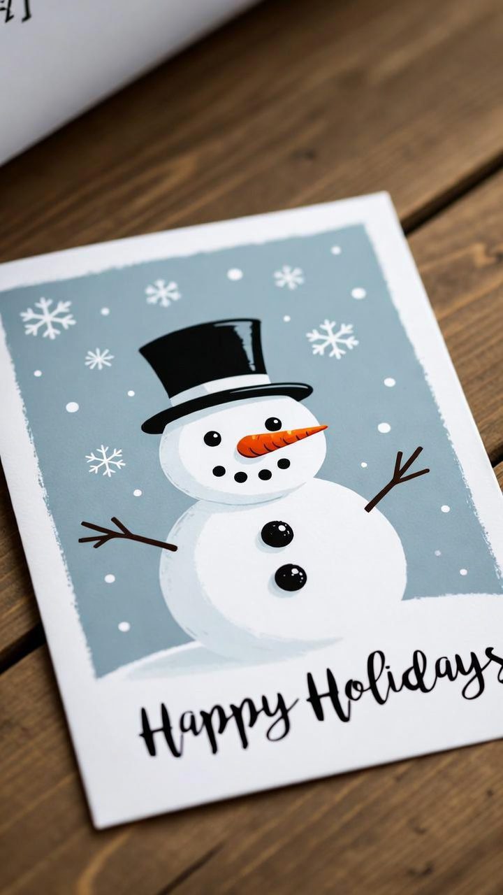 Preview of a printable winter greeting card template with snowman design.