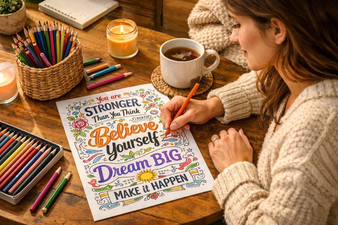 Woman peacefully coloring a motivational coloring page with inspiring quotes in a cozy home setting with colored pencils and tea. motivational quotes coloring pages for adults