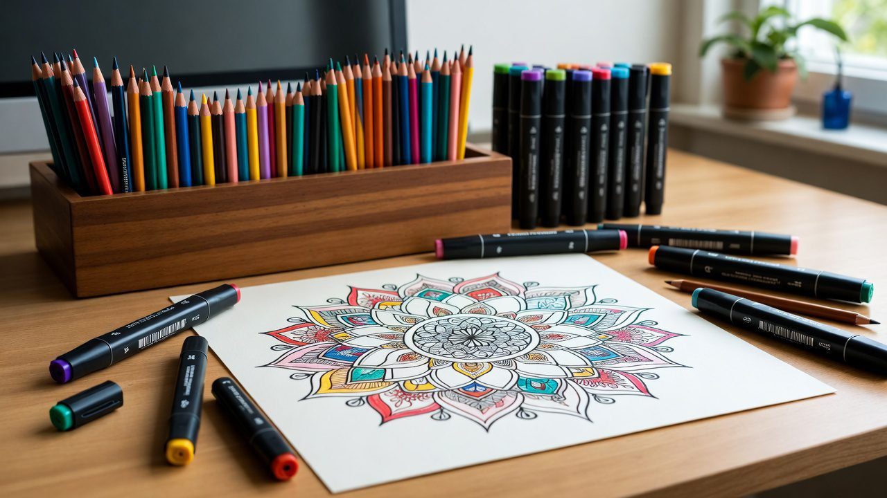 Workspace setup for mandala coloring with colored pencils, markers, and a partially completed intricate mandala on a desk