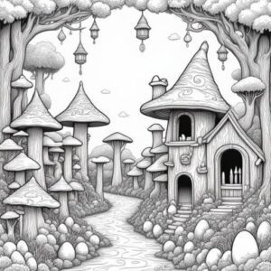 coloring page of Full enchanted goblincore Easter celebration scene cottagecore garden with mushroom houses fair