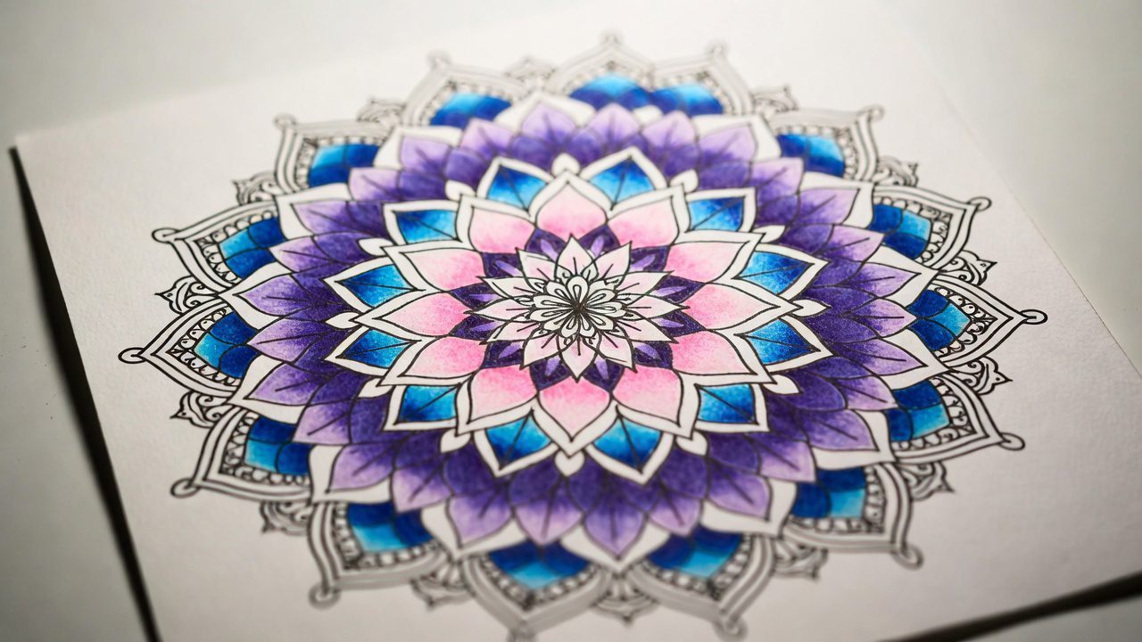 completed mandala coloring example showcasing intricate patterns, smooth shading, and balanced color harmony. mandala coloring techniques for beginners