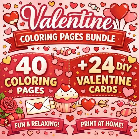 Valentine Coloring Bundle – 40 Pages + 24 Cards to Create