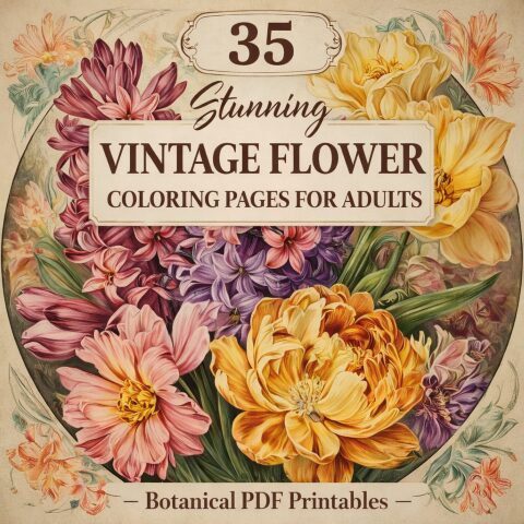 Vintage Adult Flower Coloring Sheets with intricate floral design for relaxing creativity - vintage botanical illustration coloring