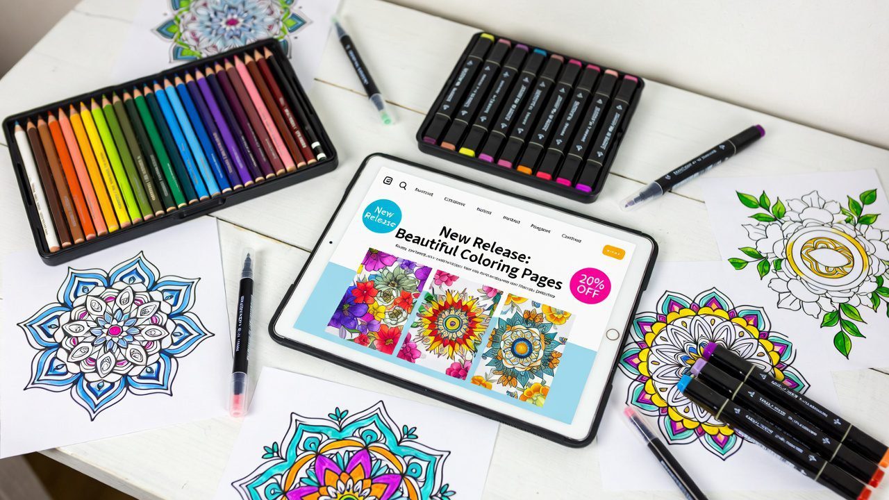 Tablet showing free printable coloring newsletter with new release announcements and discount offers, surrounded by colored pencils, markers, and beautifully completed adult coloring pages in flatlay arrangement